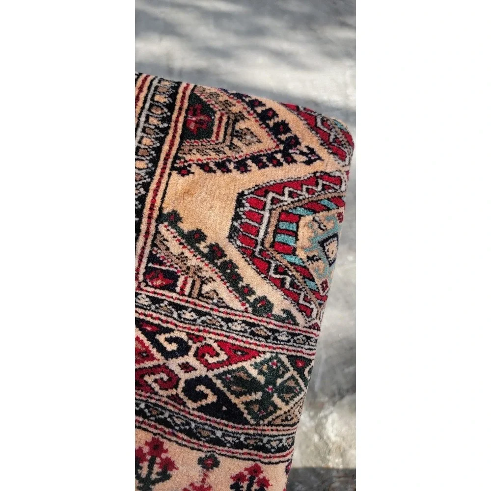 Vintage Tribal Geometric Runner Rug 2x5 Beige Red Wool Hand-Knotted